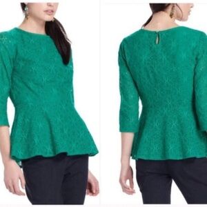 Moulinette Soeurs Anthropologie Size 2 Top Green Lace Crew 3/4 Sleeve Peplum